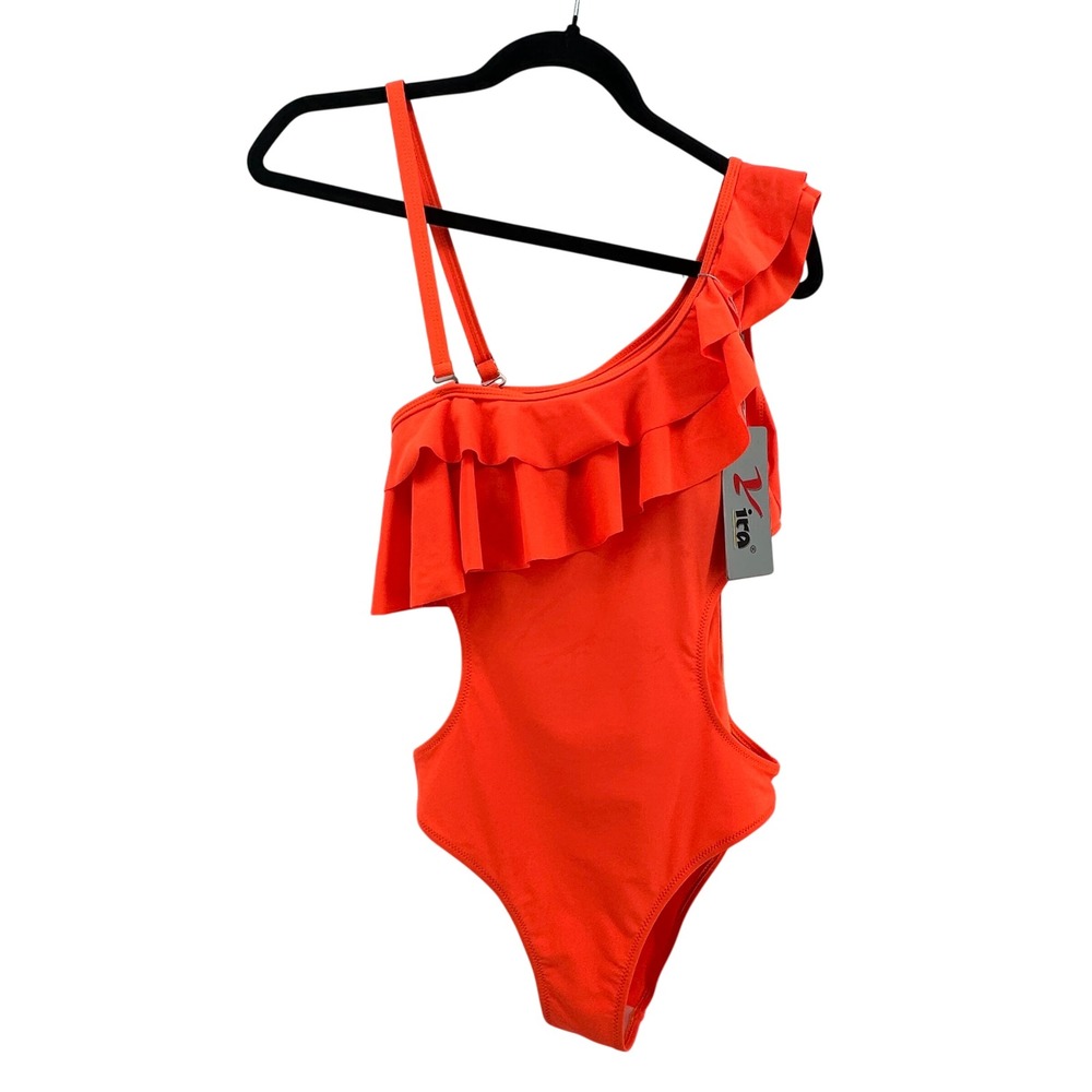 Vira One Piece Swimsuit Neon Orange Large Side Cutout Ruffle Top Beachy Coastal